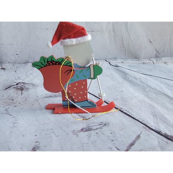 Skiing Santa Avon Christmas Ornament Flocked Santa Hat Plastic Skies - Picture 4 of 5